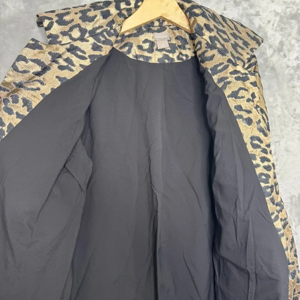 Chicos Jacket Womens 8/10 Brown Black Shimmer Animal Print Topper Open Front